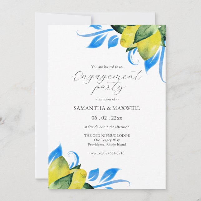Invitation Partie d'engagement des citrons aquarelles (Devant)