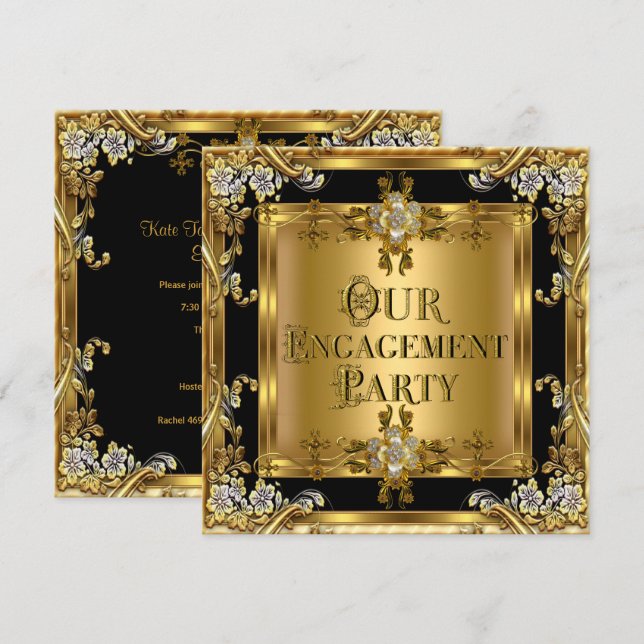 Invitation Partie d'engagement Elegant or fleuri Bijou noir 2 (Devant / Derrière)