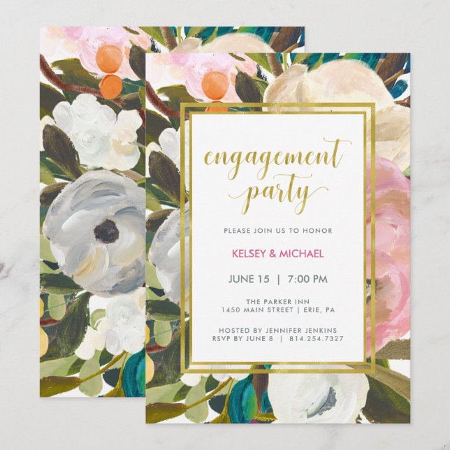 Invitation Partie d'engagement en aquarelle florale délicate (Devant / Derrière)