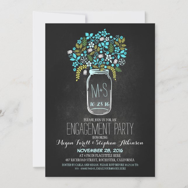 Invitation partie d'engagement en chalkboard de mason turquoi (Devant)