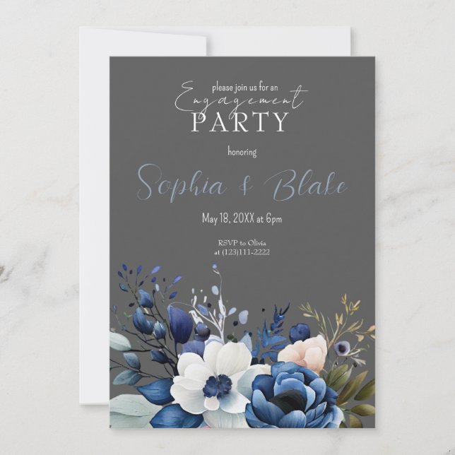 Invitation Partie d'engagement en gris floral bleu, blanc et  (Devant)