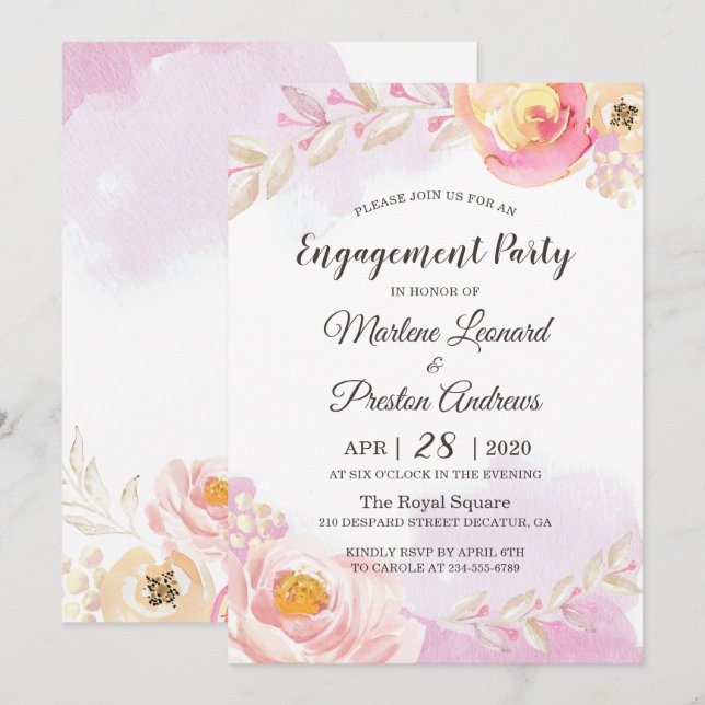 Invitation Partie d'engagement Fille Printemps rose et or Fle (Devant / Derrière)