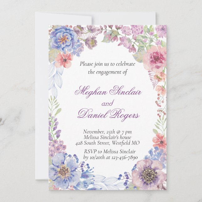 Invitation Partie d'engagement Fleur sauvage bleu, rose et vi (Devant)
