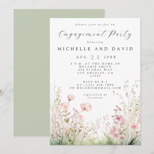 Invitation Partie d'engagement Fleur sauvage délicate (Devant / Derrière)