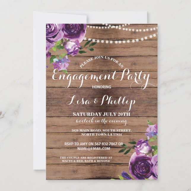 Invitation Partie d'engagement Fleurs violettes bois Invitati (Devant)