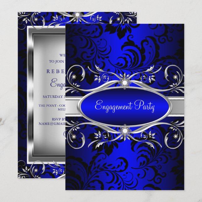 Invitation Partie d'engagement Floral Argent Bleu (Devant / Derrière)