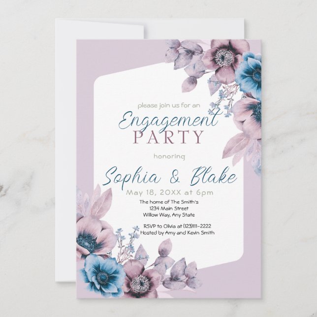 Invitation Partie d'engagement Floral bleu et violet (Devant)