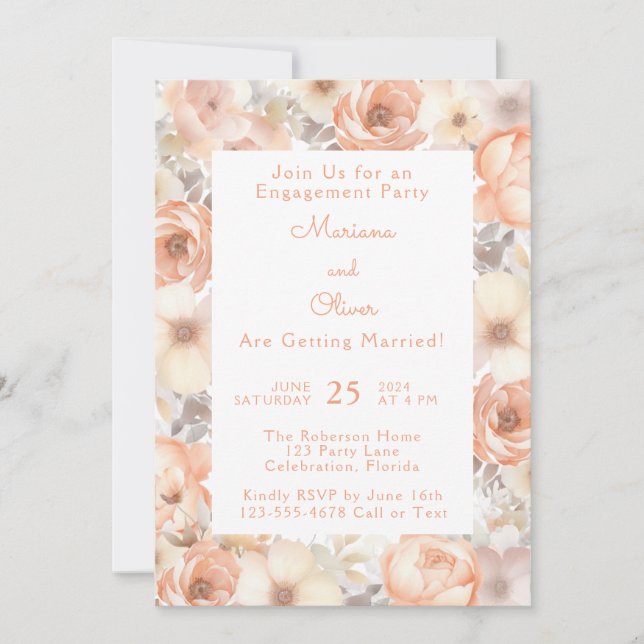 Invitation Partie d'engagement floral de pêche élégante moder (Devant)