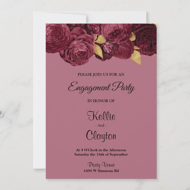 Invitation Partie D'Engagement Florale Bourgogne Et Or (Devant)