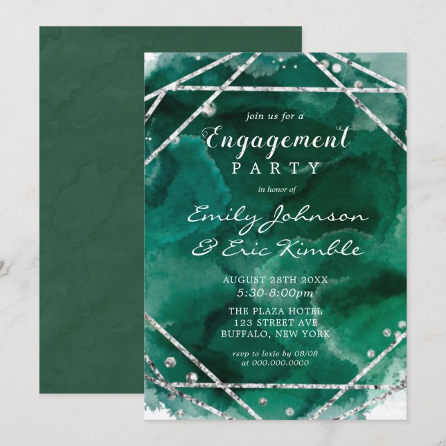Invitation Partie d'engagement géométrique en argent Emerald  (Devant / Derrière)