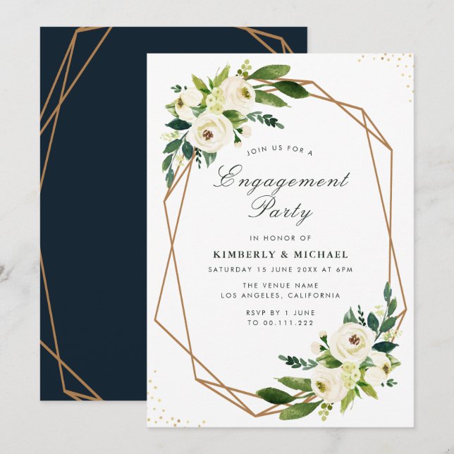 Invitation partie d'engagement géométrique florale blanche en (Devant / Derrière)
