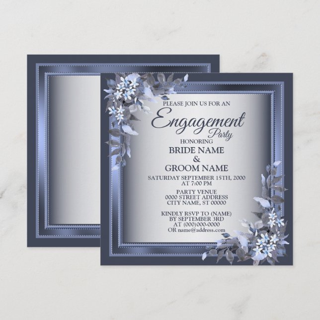 Invitation Partie d'engagement Marine bleu Floral gris argent (Devant / Derrière)