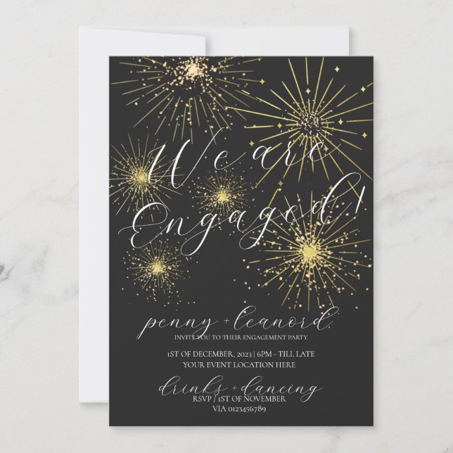 Invitation Partie d'engagement minimaliste Black Gold Firewor (Devant)