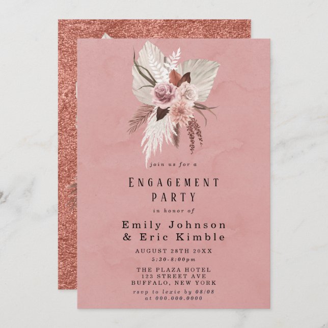 Invitation Partie d'engagement Pampas Tropicale de Blush et d (Devant / Derrière)