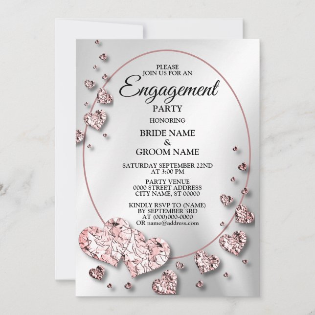 Invitation Partie d'engagement Peach rose Coeurs brillants gé (Devant)