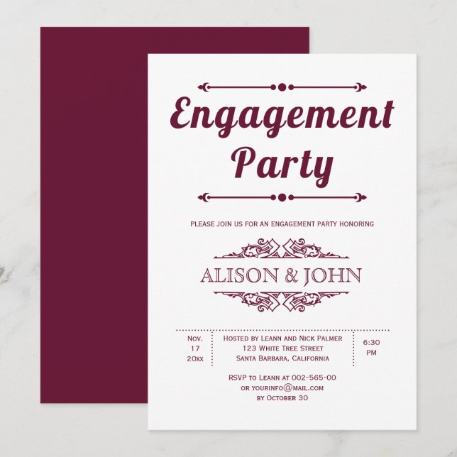 Invitation partie d'engagement pour la typographie bordeaux v (Devant / Derrière)