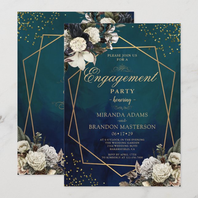 Invitation Partie d'engagement Romantique Floral Gold Wreath (Devant / Derrière)