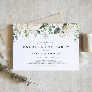 Invitation Partie d'engagement Roses blanches et Hydrangeas