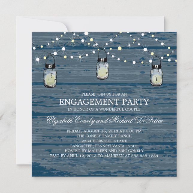 Invitation Partie d'engagement Rustic Wood Mason Jar et lumiè (Devant)