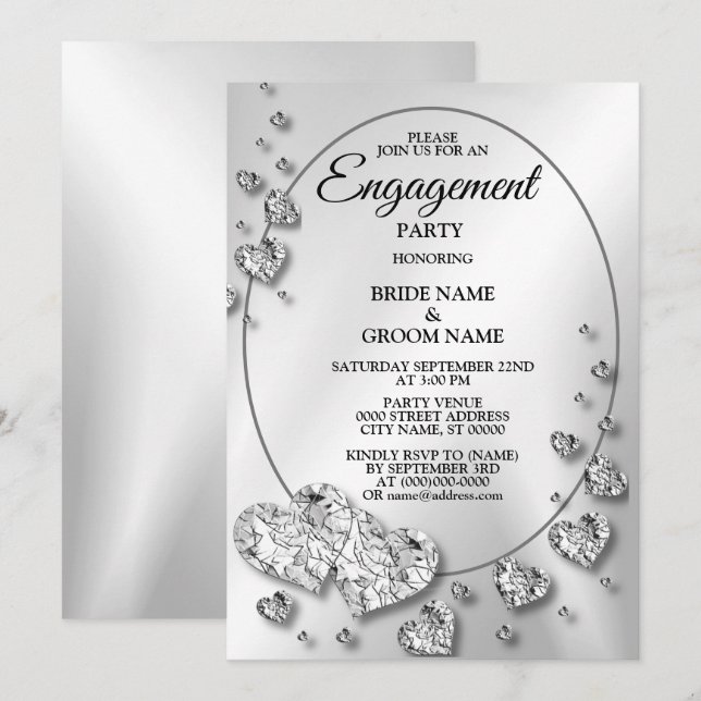 Invitation Partie d'engagement Silver Grey Coeurs brillants É (Devant / Derrière)