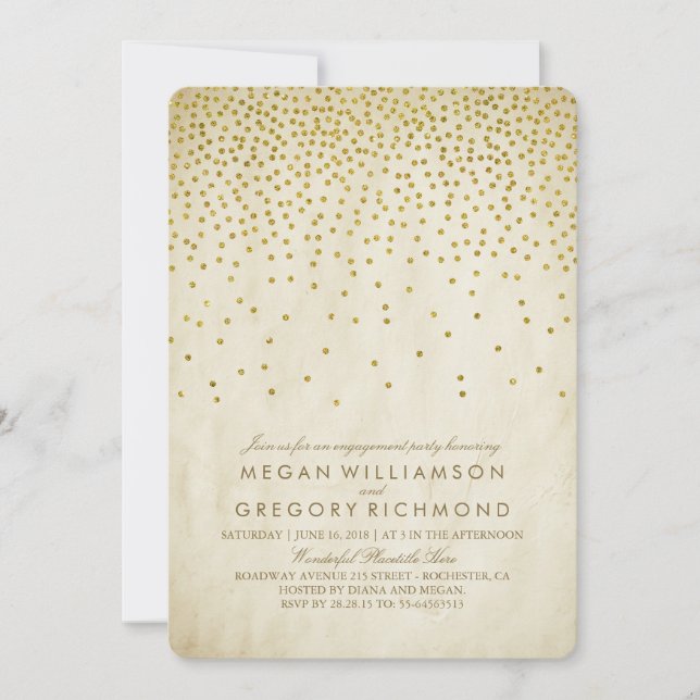 Invitation Partie d'engagement vintage Gold Confetti (Devant)