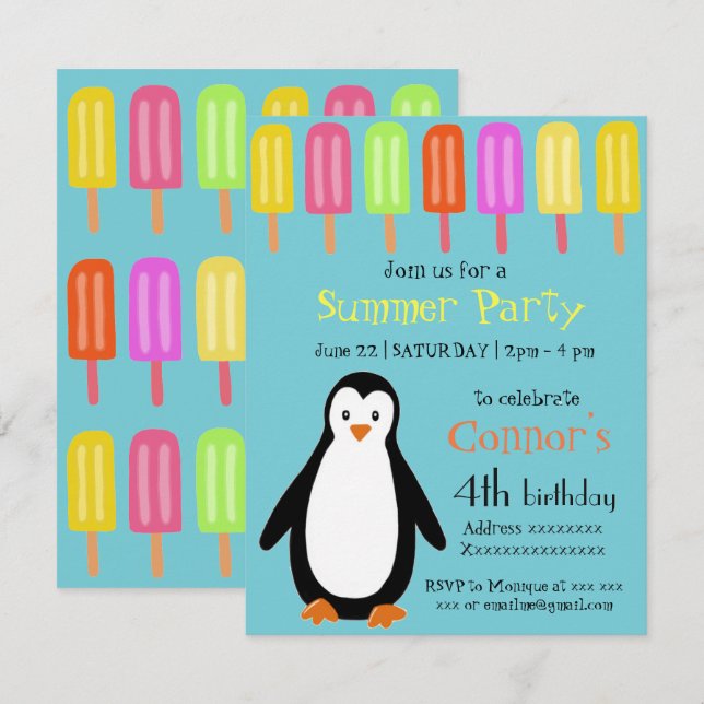 Invitation Partie d'été de pingouin avec des Popsicles (Devant / Derrière)