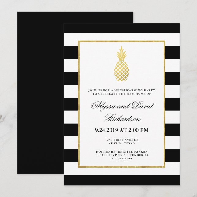 Invitation Partie d'or rayée de pendaison de crémaillère (Devant / Derrière)