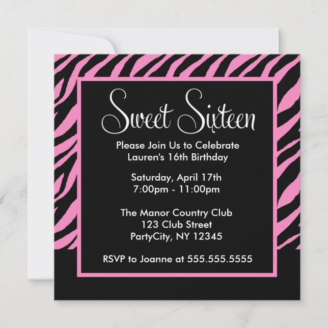 Invitation Partie élégante de sweet sixteen de motif de zèbre (Devant)