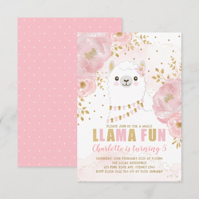 Invitation Partie florale d'alpaga de lama d'anniversaire (Devant / Derrière)