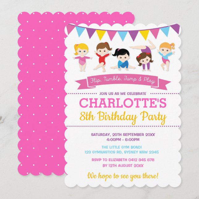 Invitation Partie Girly de gymnase de rose d'anniversaire de (Devant / Derrière)