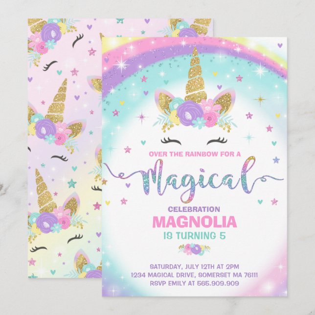 Invitation Partie magique de licorne d'invitation (Devant / Derrière)