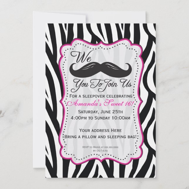 Invitation Partie noire et rose de Sleepover de moustache de (Devant)