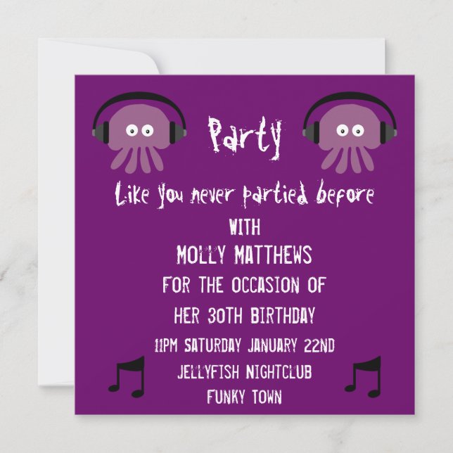 Invitation Partie personnalisable du DJ de méduses pourpres (Devant)
