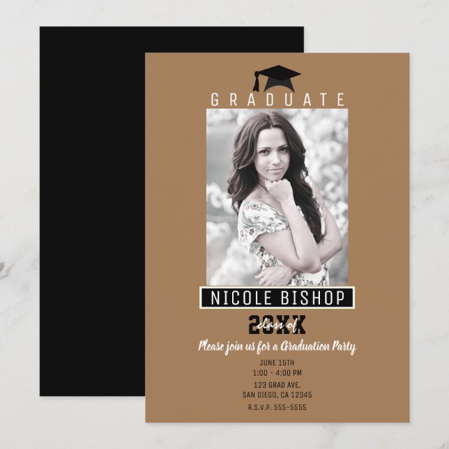 Invitation Partie photo Brown Gold Black Graduation (Devant / Derrière)