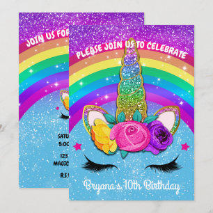 Invitation Partie scintillante de visage de klaxon de licorne