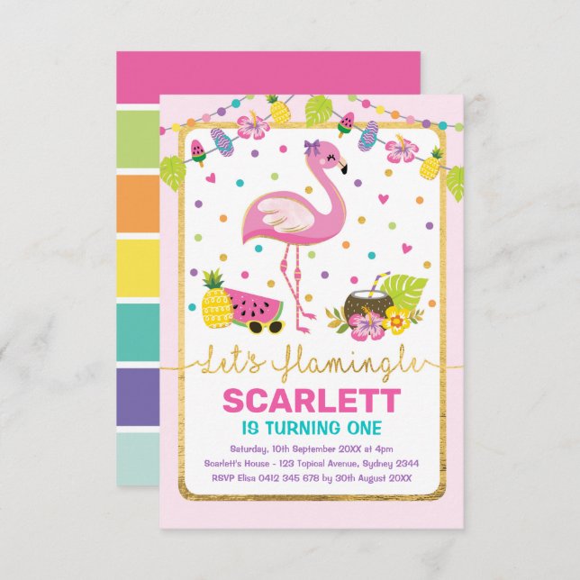 Invitation Partie tropicale de Flamant rose de filles (Devant / Derrière)