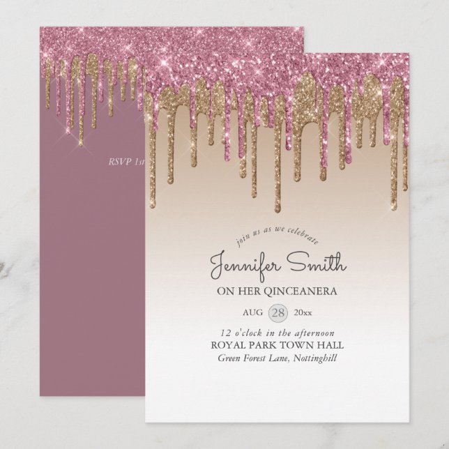 Invitation Parties scintillant à goutte princesse ROSE OR QUI (Devant / Derrière)