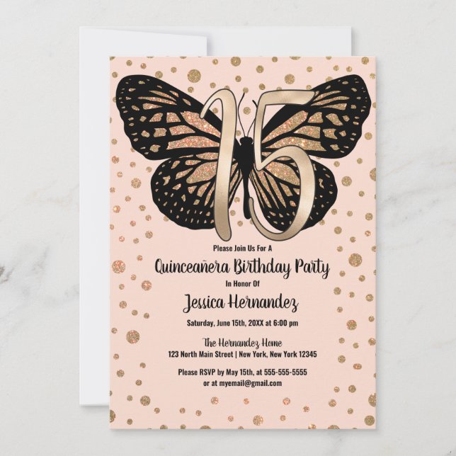 Invitation Parties scintillant à papillon rose or Confetti Qu (Devant)