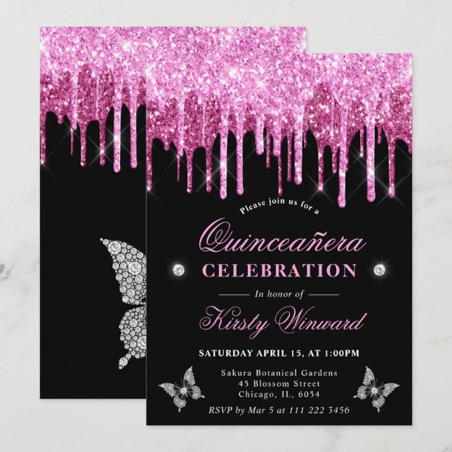 Invitation Parties scintillant à séchage rose chaud Quinceane (Devant / Derrière)