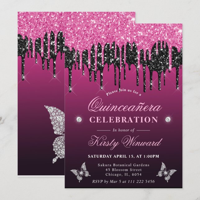 Invitation Parties scintillant à séchage rose et noir chaud Q (Devant / Derrière)