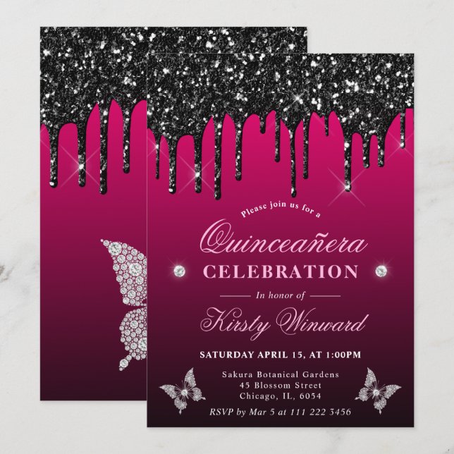 Invitation Parties scintillant à séchage rose et noir chaud Q (Devant / Derrière)