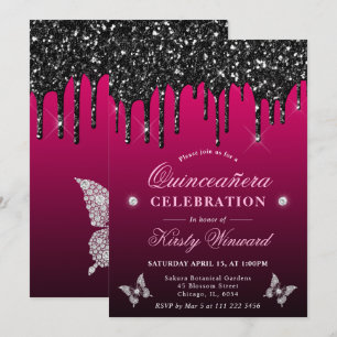Invitation Parties scintillant à séchage rose et noir chaud Q