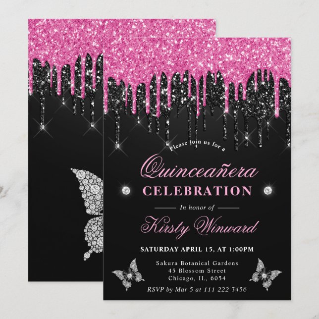 Invitation Parties scintillant à séchage rose et noir chaud Q (Devant / Derrière)