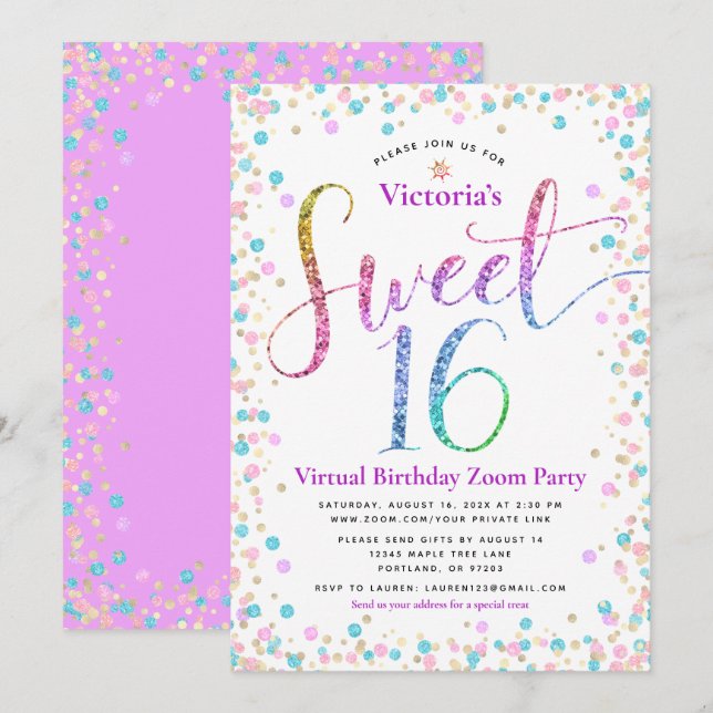 Invitation Parties scintillant arc-en-ciel Confetti Virtual S (Devant / Derrière)