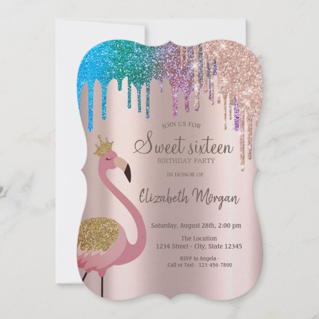 Invitation Parties scintillant arc-en-ciel Flamants roses dou (Devant)