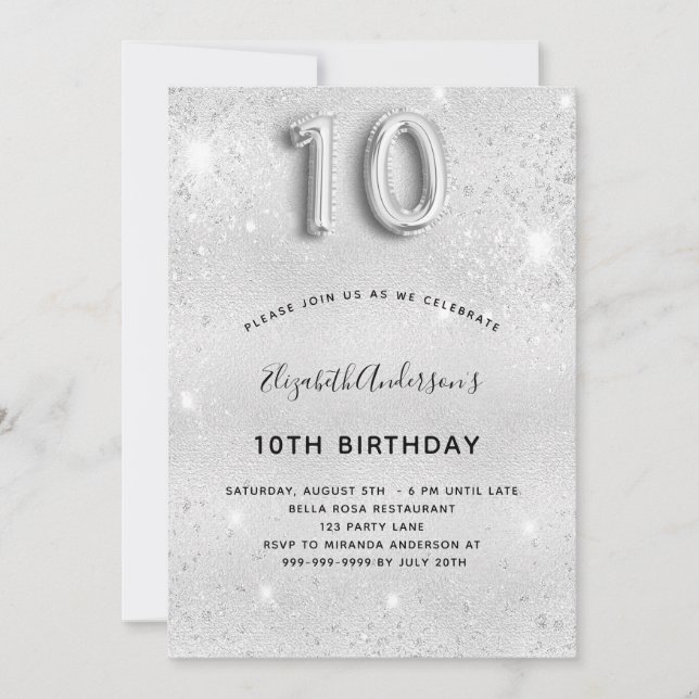 Invitation parties scintillant argent 10e anniversaire (Devant)