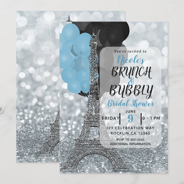 Invitation Parties scintillant Argent Bleu Balloons Eiffel To (Devant / Derrière)