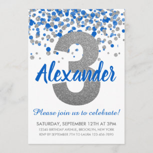 Invitation Parties scintillant Argent Bleu Confetti Garçon Tr