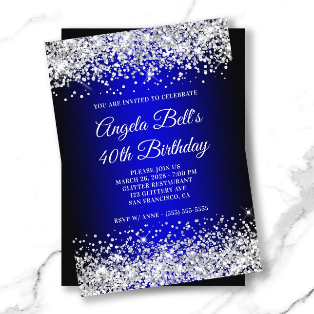 Invitation Parties scintillant Argent Bleu Noir Gradient 40e  (Silver Glitter Black Blue Gradient 40th Birthday Invitation)
