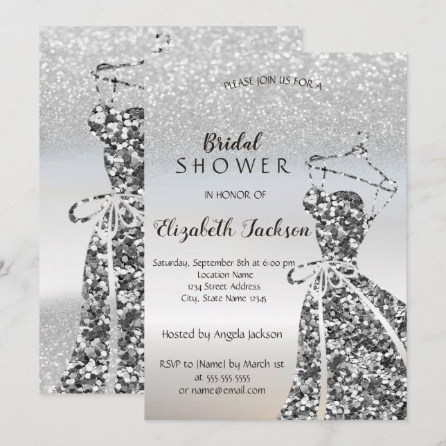 Invitation Parties scintillant Argent Bokeh Sequins robe Fête (Devant / Derrière)